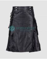 Men Black Casual Leather Utility Kilt