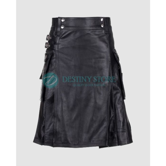 Men Black Casual Leather Utility Kilt