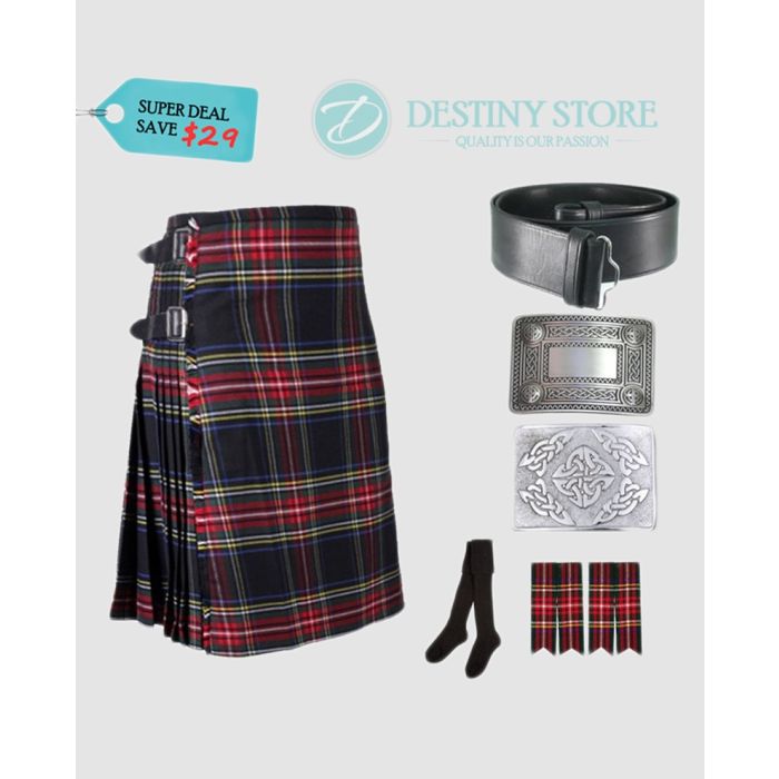 Black Stewart Tartan Economy Kilt Deal 