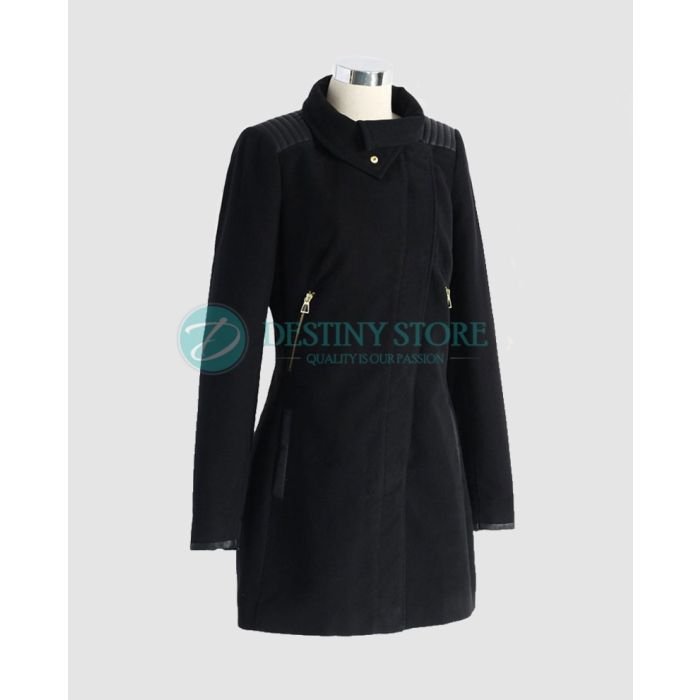 Ladies Black Woolen Warm Up Zipper Coat Front