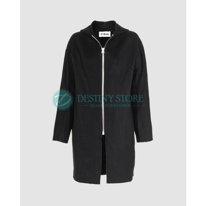 Ladies Straight Zipper Black Wool Coat