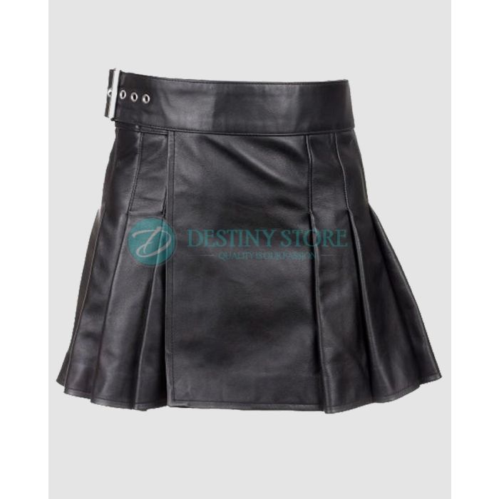 Men Black Casual Leather Utility Kilt