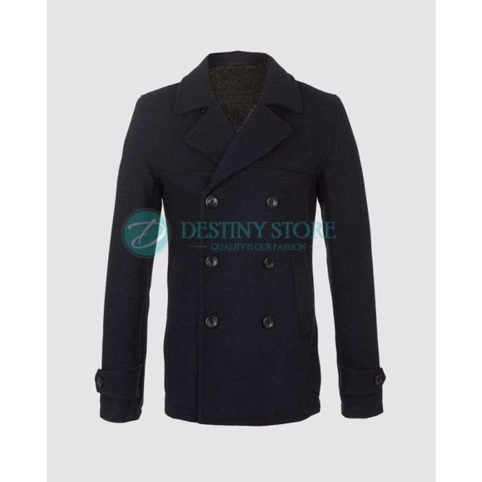 Navy Blue Skinny Wool Pea Coat