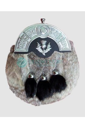 Gray Rabbit & Leather with Thistle Badge Sporran for Kilts Includes Chain Belt 