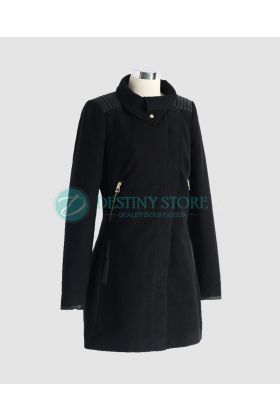 Ladies Black Woolen Warm Up Zipper Coat Front