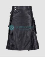 Men Black Casual Leather Utility Kilt