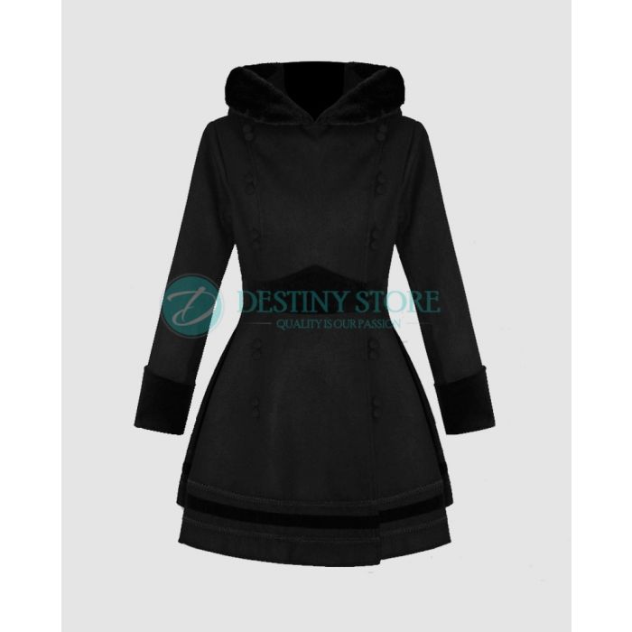 Ladies Black Fur Hooded Gothic Coat