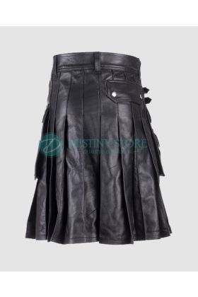 Men Black Casual Leather Utility Kilt
