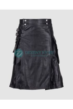 Men Black Casual Leather Utility Kilt