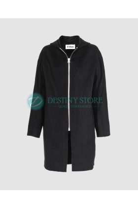 Ladies Straight Zipper Black Wool Coat