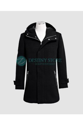 Men Zipper Hooded Wool Coat