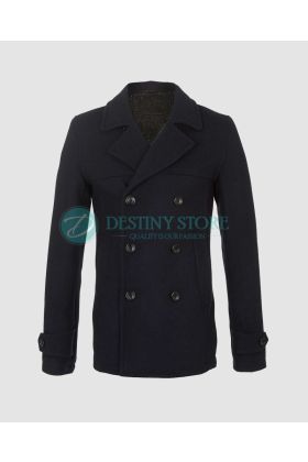 Navy Blue Skinny Wool Pea Coat